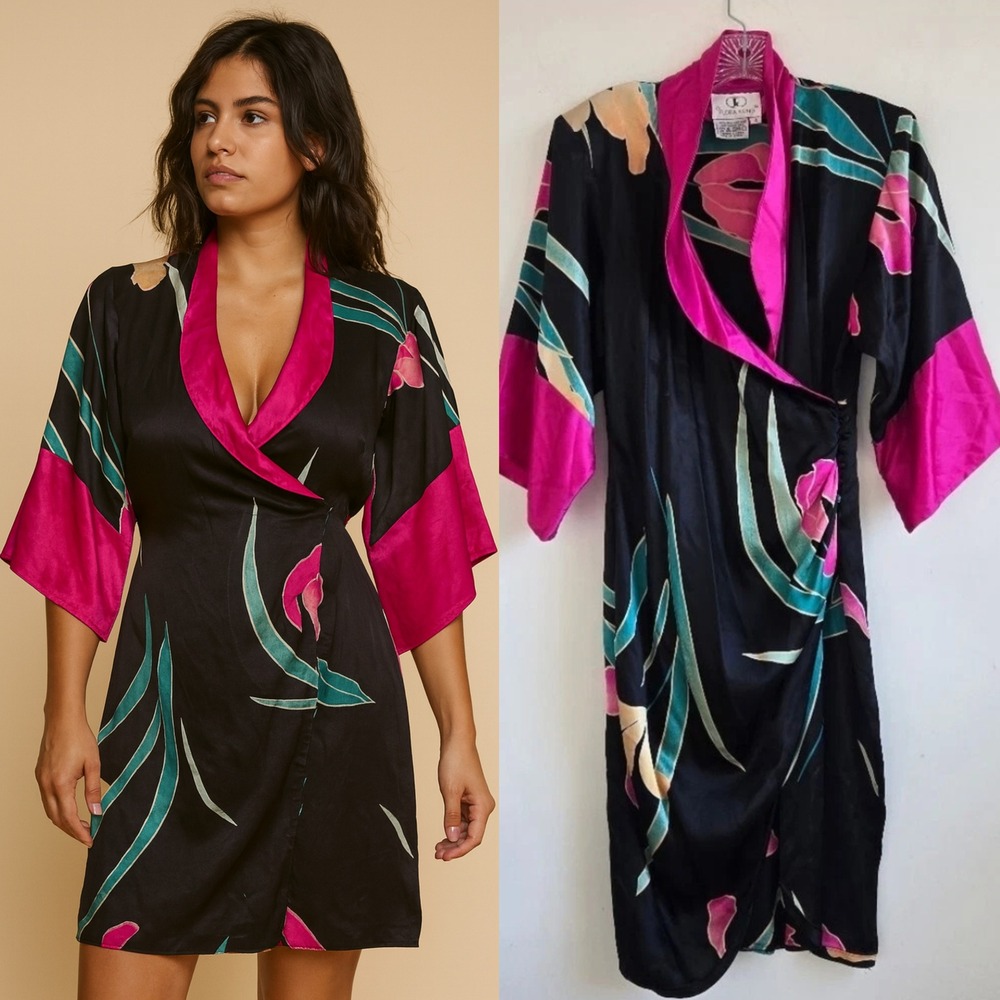 Vintage Flora Kung Sz 4 Kimono Button Silk Black Pink‎ Floral Wrap Dress